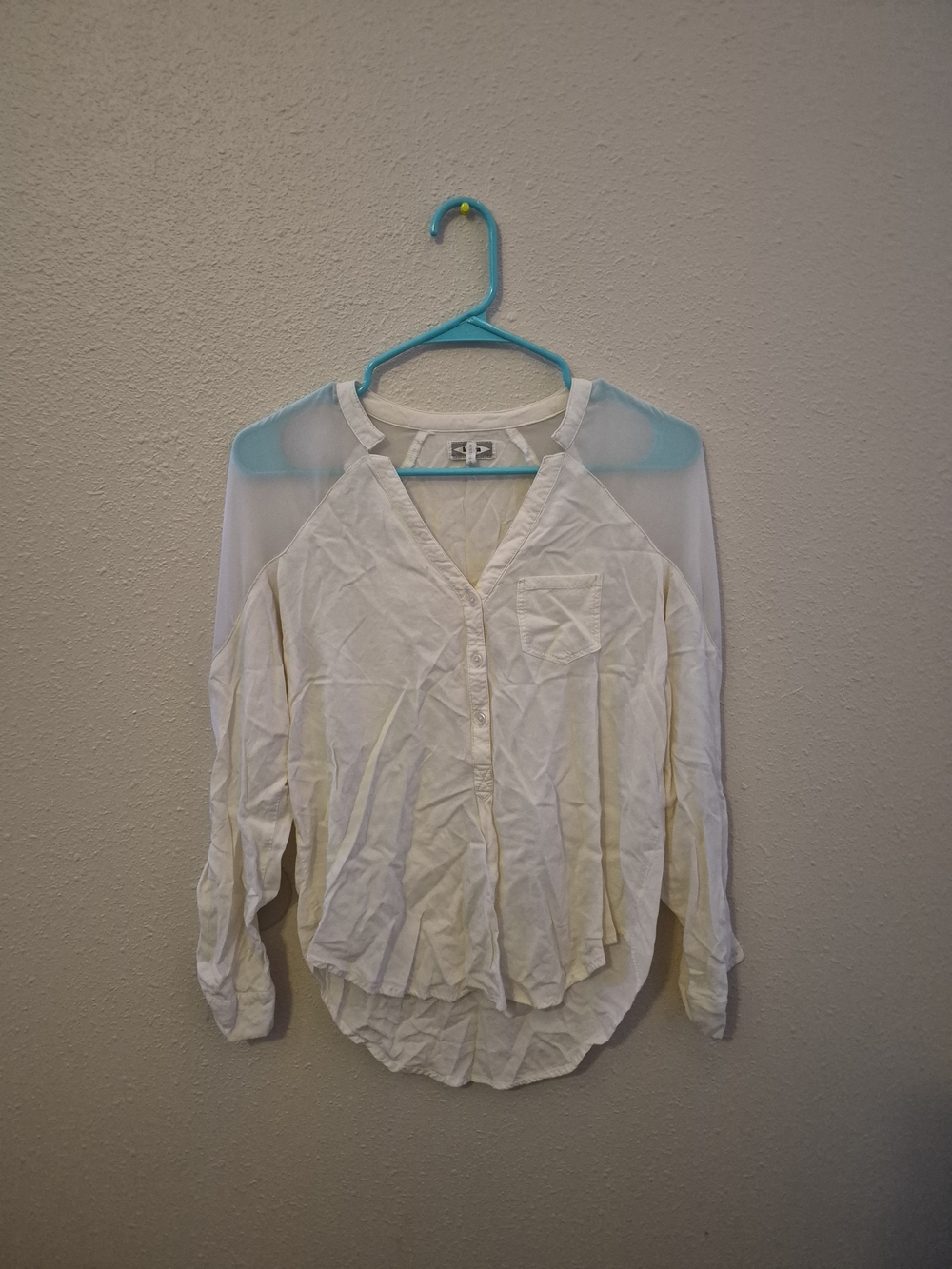 Kirra Cream Button-Down V-Neck Sheer Shoulder Top